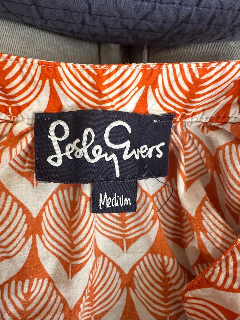 Lesley Evers Orange and White Leaf-Print Long Sleeve Blouse